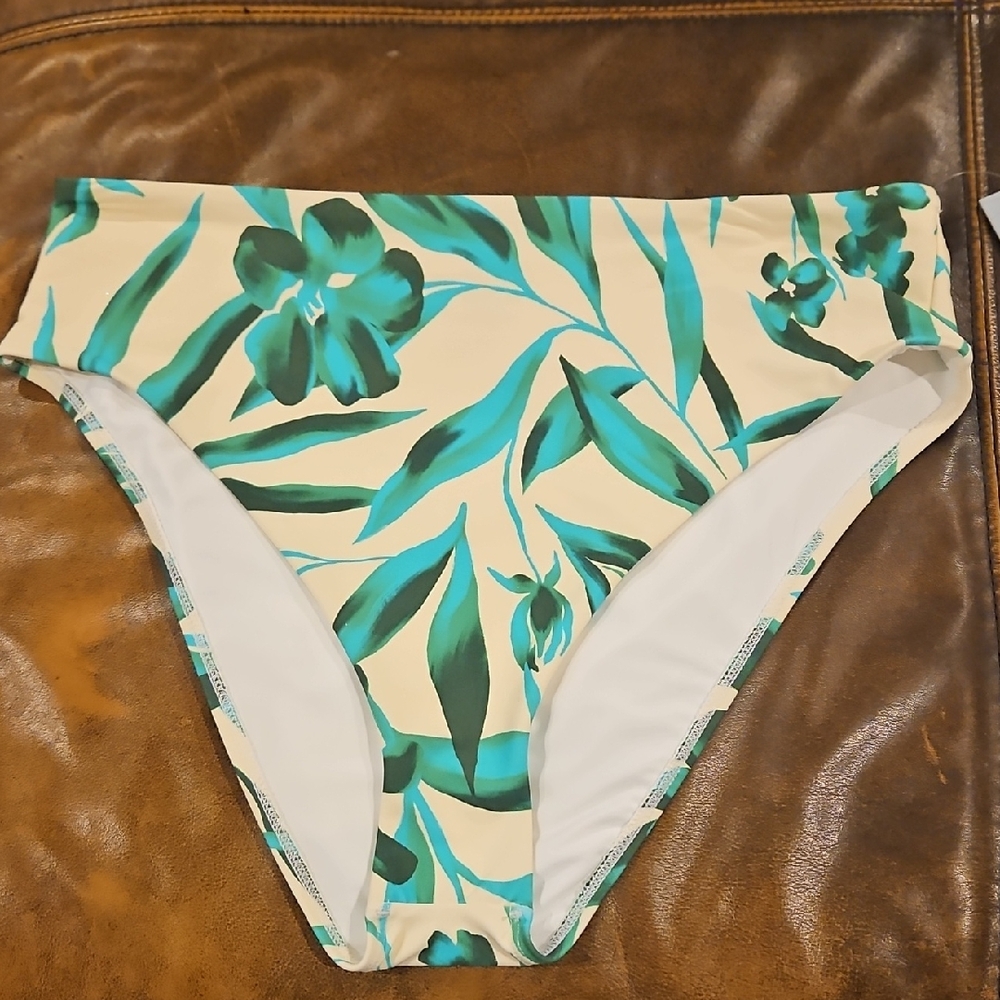 ANTONIO MELANI High Waist High Leg Bikini Bottom: Green/Ivory Tropical Print: XL